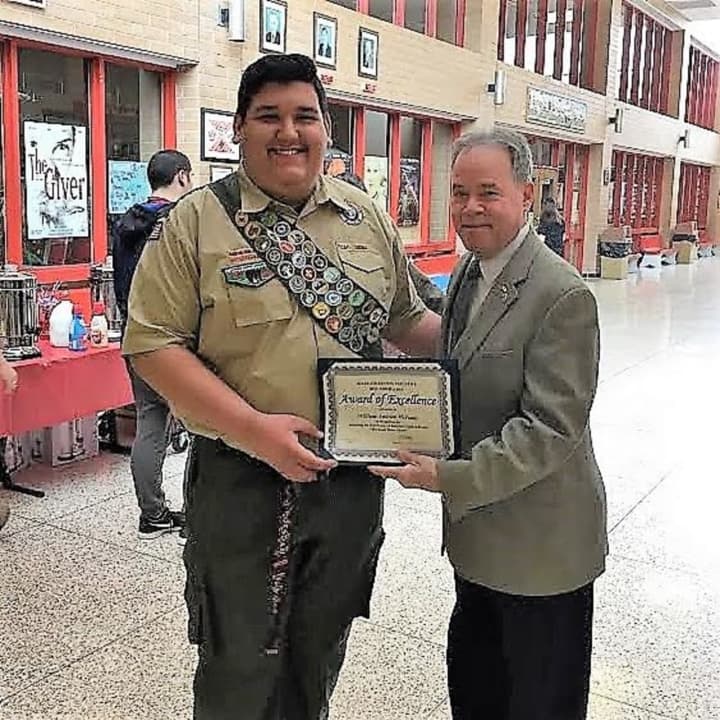 North Rockland High School graduate William McIsaac is congratulated by Rockland County Executive Ed Day on becoming an Eagle Scout.