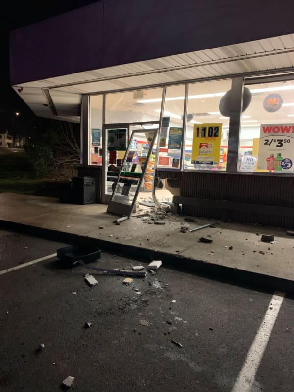 Pickup Smashes Into Front Of CT Gas Station Store, Chains Used To Pull Door Off, Police Say