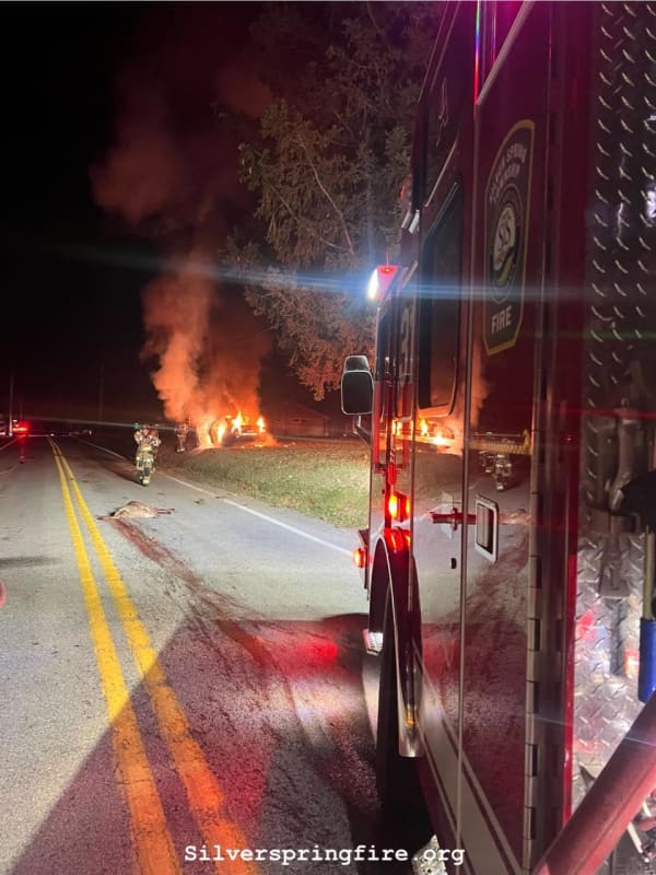 Car Burst Into Flames After Striking Deer Dead In Cumberland County (PHOTOS)