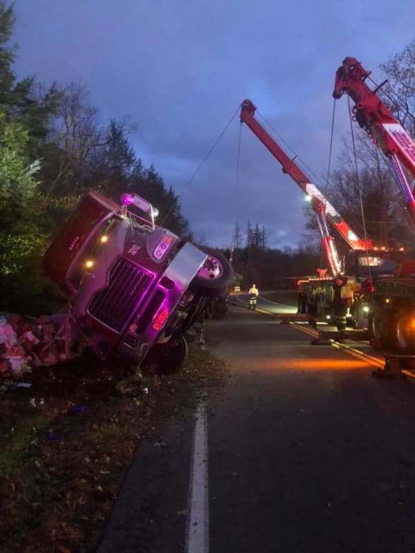 Tractor-Trailer Hauling Liquid Eggs Overturns, Spilling Contents On Side Of Roadway