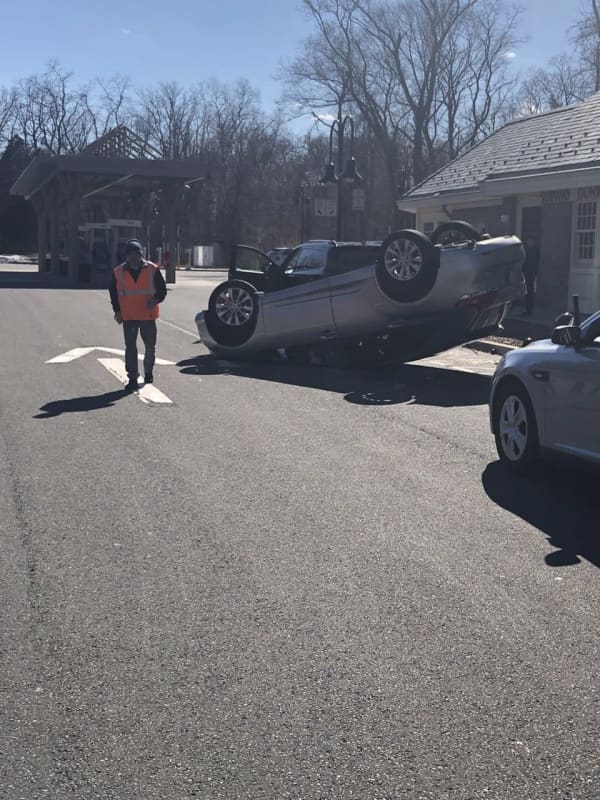 Driver Loses Control Of Vehicle, Lands On Roof At Merritt Service Plaza In Greenwich