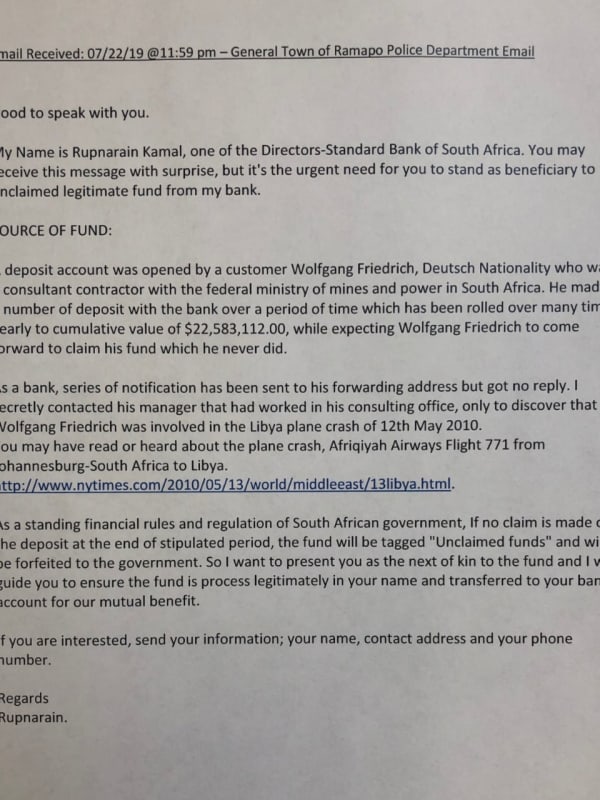 Don't Fall For It: Police Issue Alert For Unclaimed Funds Email Scam