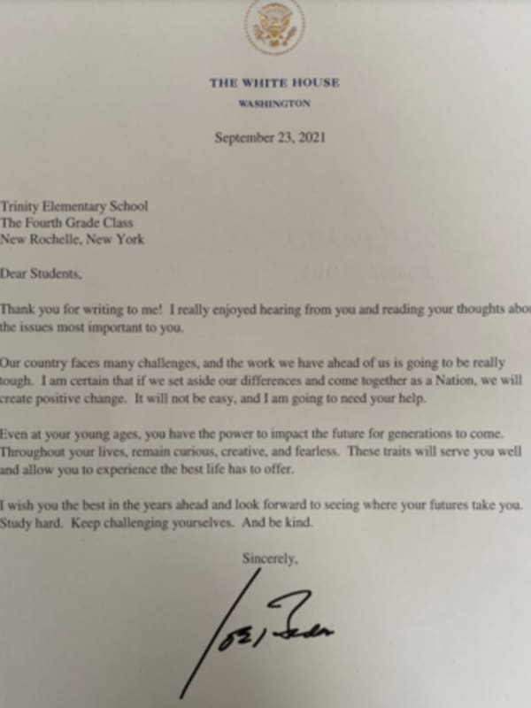 President Joe Biden Writes To New Rochelle Elementary School Class
