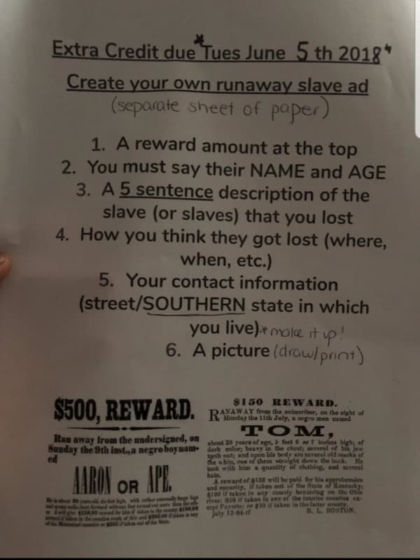 Students At Middle School In Westchester Asked To Create 'Runaway Slave' Ad
