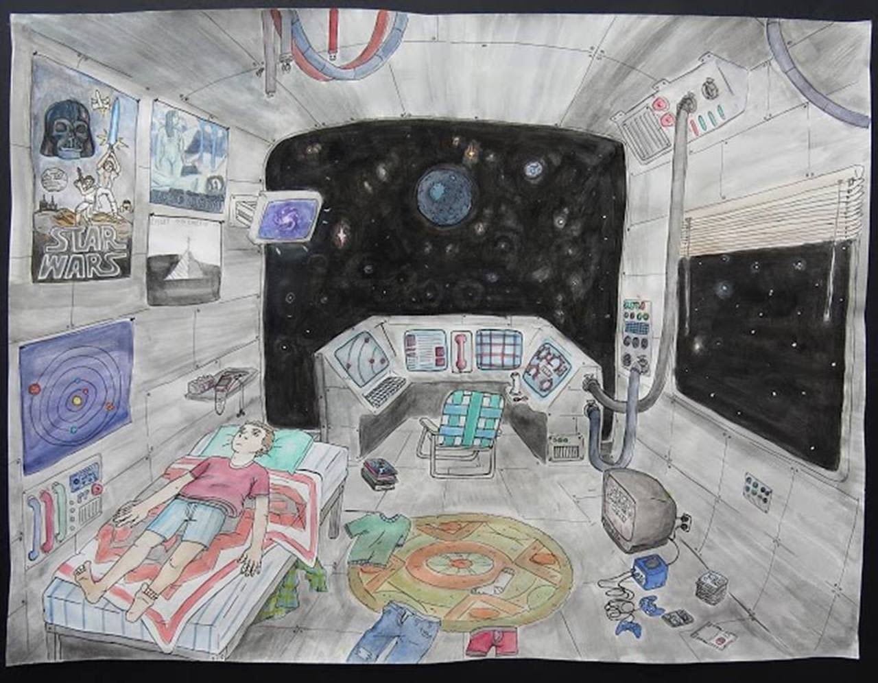 Artwork by Pleasantville High School senior Jake Butcher (space ship bedroom) is included in StArt 2016, an annual regional high school exhibition at the OSilas Gallery at Concordia College.