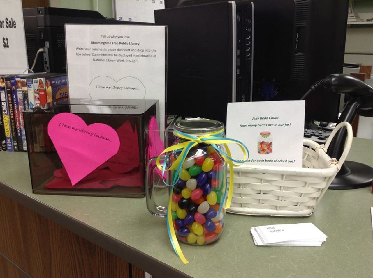 Guess the number of jelly beans in the jar at the Bloomingdale Public Library.