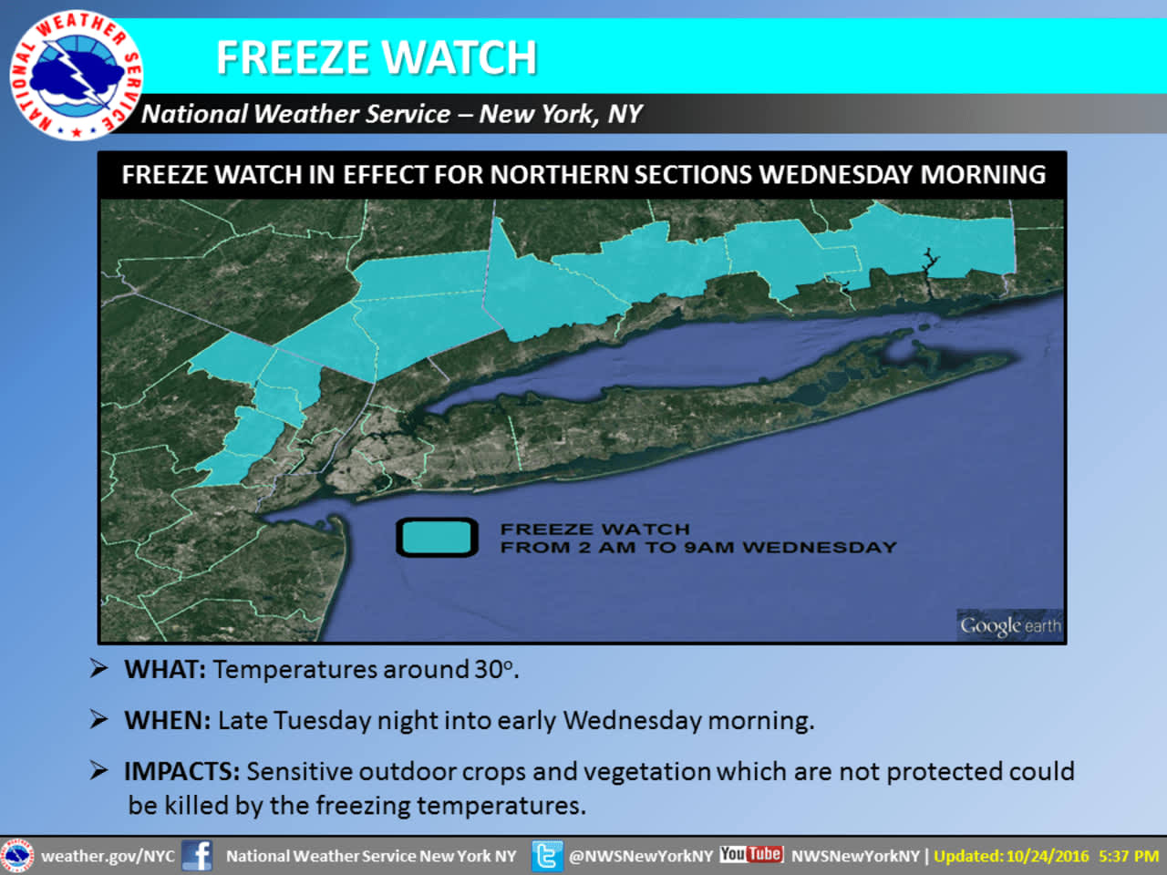 A look at counties covered by the Freeze Watch on Wednesday.