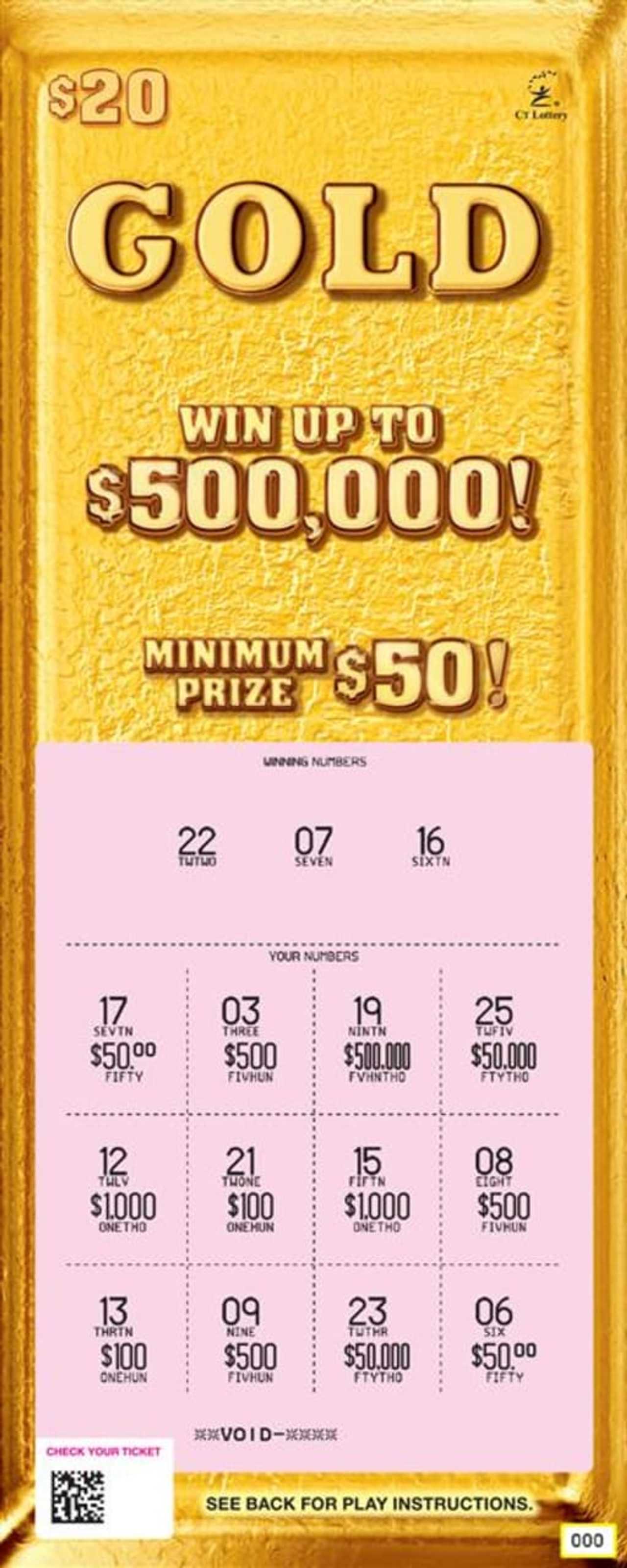 An Ansonia man won $500,000 on a Gold scratch-off ticket.