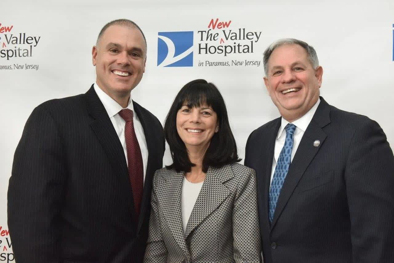 Paramus Mayor Rich LaBarbiera, The Valley Hospital President & CEO of Valley Health System Audrey Meyers and Bergen County Executive James Tedesco.
