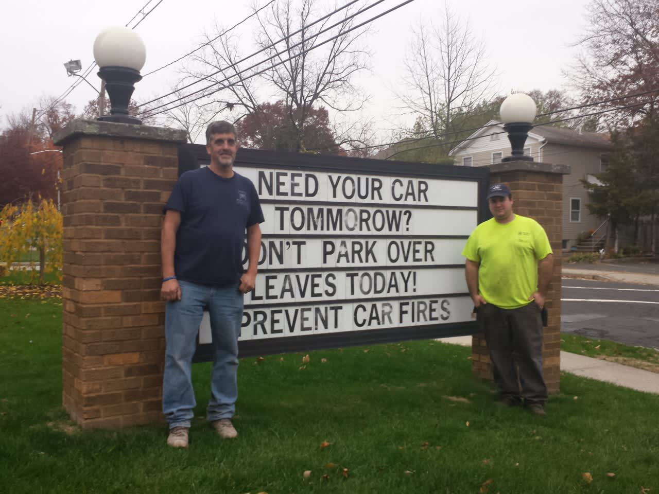 Kenneth Shepherd and Thomas Gaspari Jr, two volunteer firefighters in Norwood, outside the firehouse on Broadway. 
