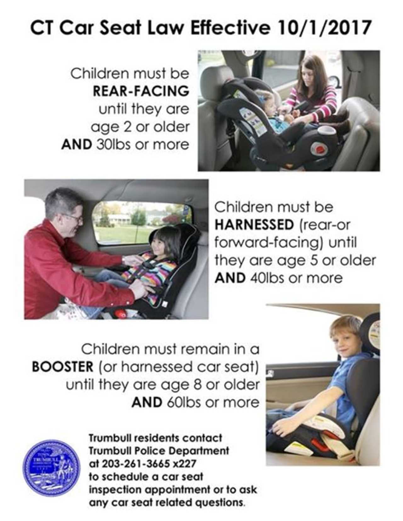 The Trumbull Police Department released a flier detailing the specifics of the new law on child safety seats in Connecticut.
