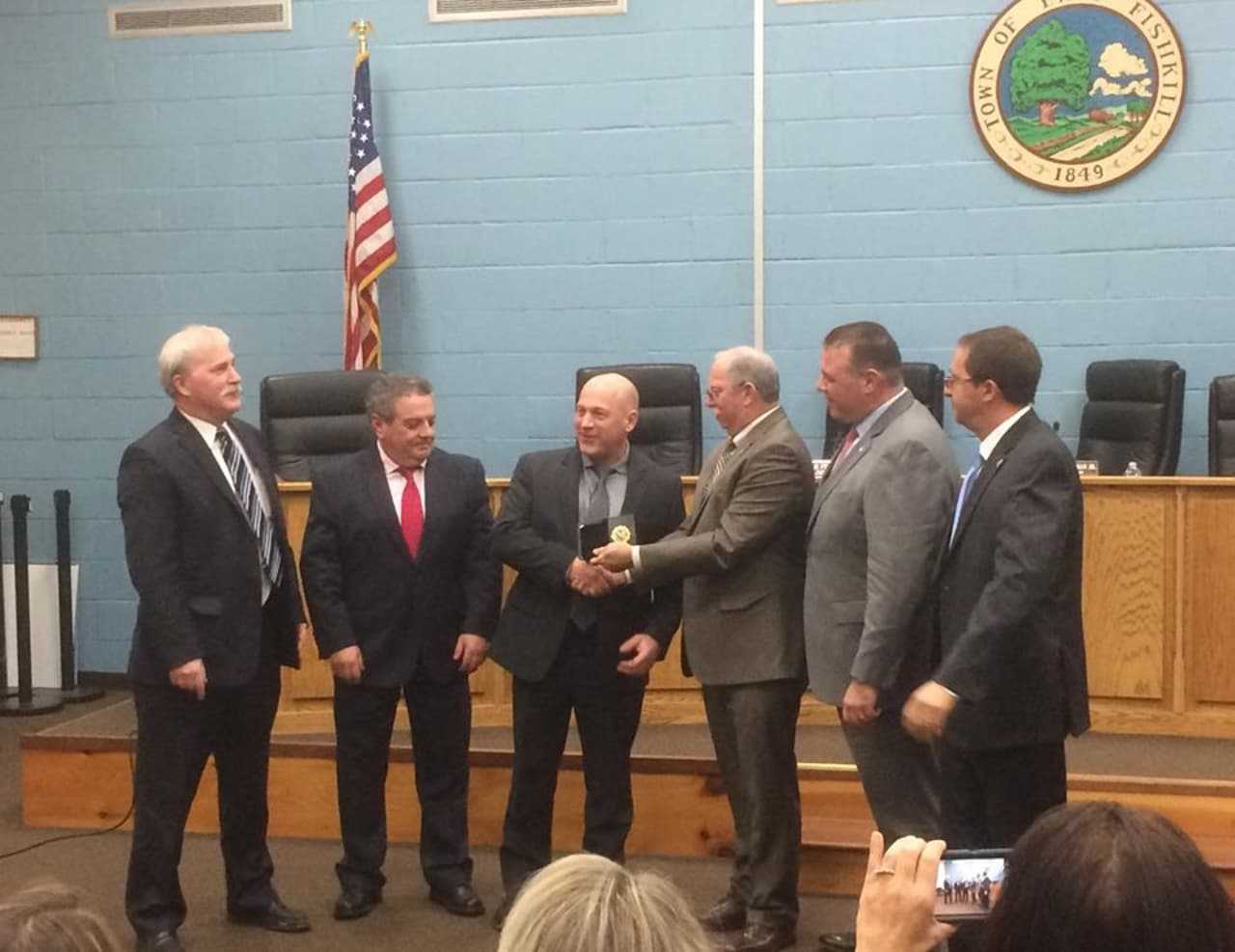 Pictured L-R, Council members Peter Cassidy, Emanuele Marinaro, Lt. Bellino, Chief Kevin Keefe, Supervisor-elect Nick D'Alessandro, and Councilmember Tom Franco.