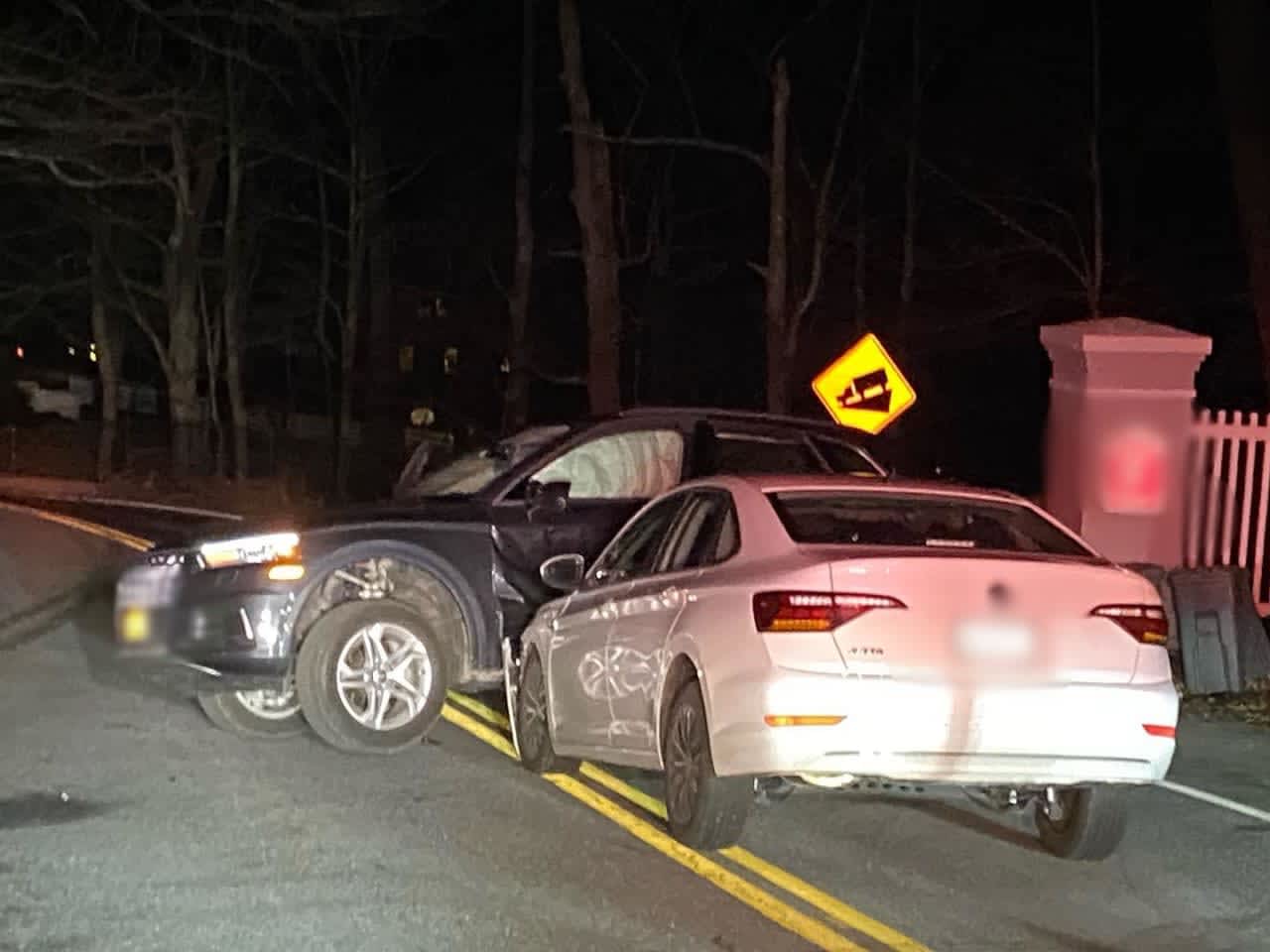 One car rests on top of another after a crash in Cortlandt.