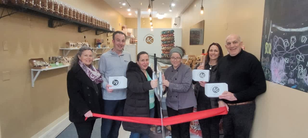 The Dressed Pretzel & Co., a new sweet shop in Larchmont, celebrates its grand opening with a ribbon-cutting ceremony.