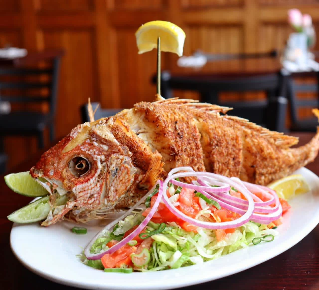 Pargo Frito, a lightly battered whole red snapper.