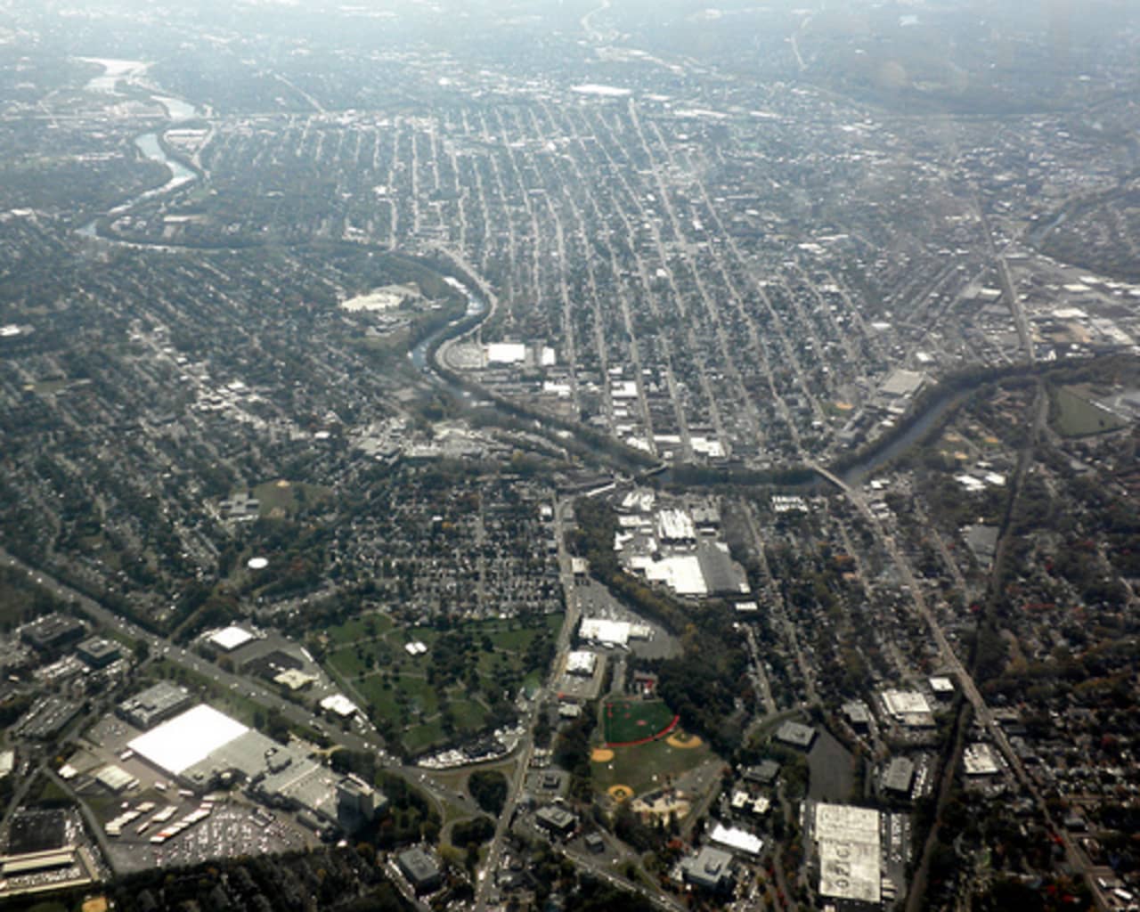 An aerial view of Fair Lawn, Paterson, and the Passaic River.