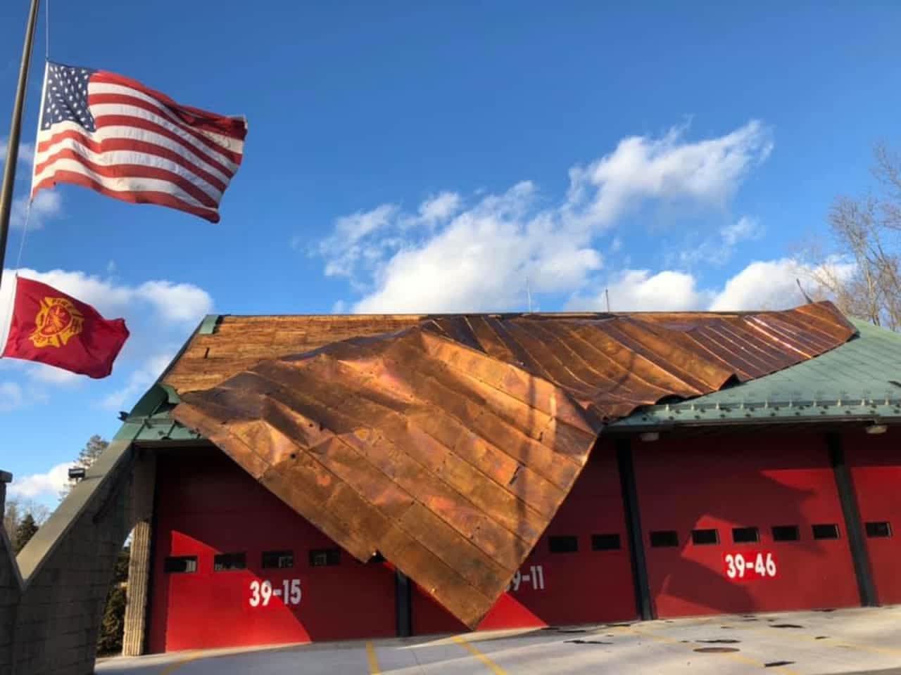 The copper roof was blown off the Hopewell Hose Fire Company firehouse.