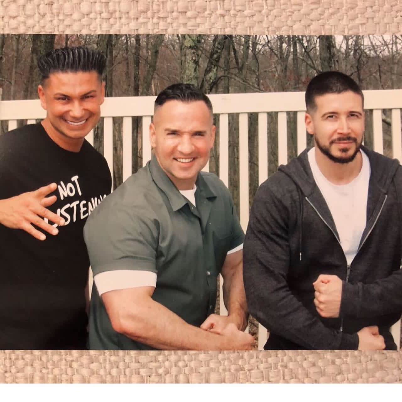 Mike Sorrentino, center, got a visit from "Jersey Shore" cast members Pauly DelVecchio and Vinny Guadagnino while in prison.