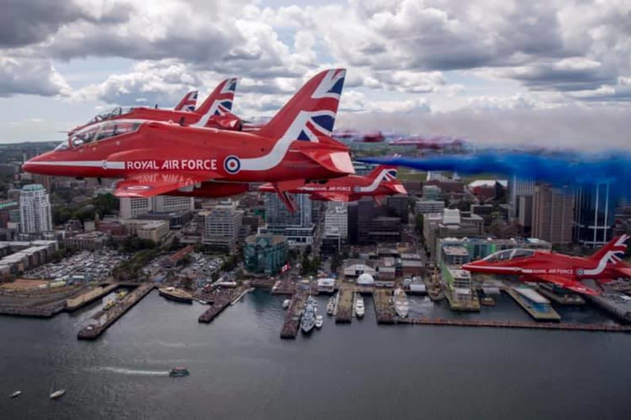 The RAF Red Arrows (here over Halifax) are joining forces with the U.S. Air Force Thunderbirds and F-35 Lightning II Demo Team Thursday.