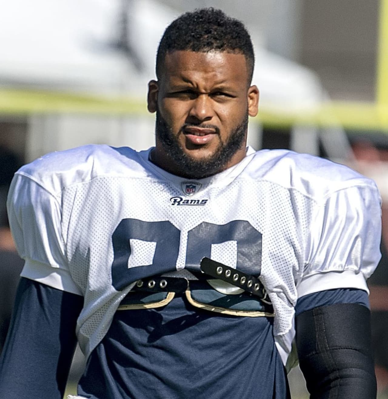 Los Angeles Rams defensive tackle, Aaron Donald, participating in a joint practice with the Oakland Raiders during the 2019 training camp.