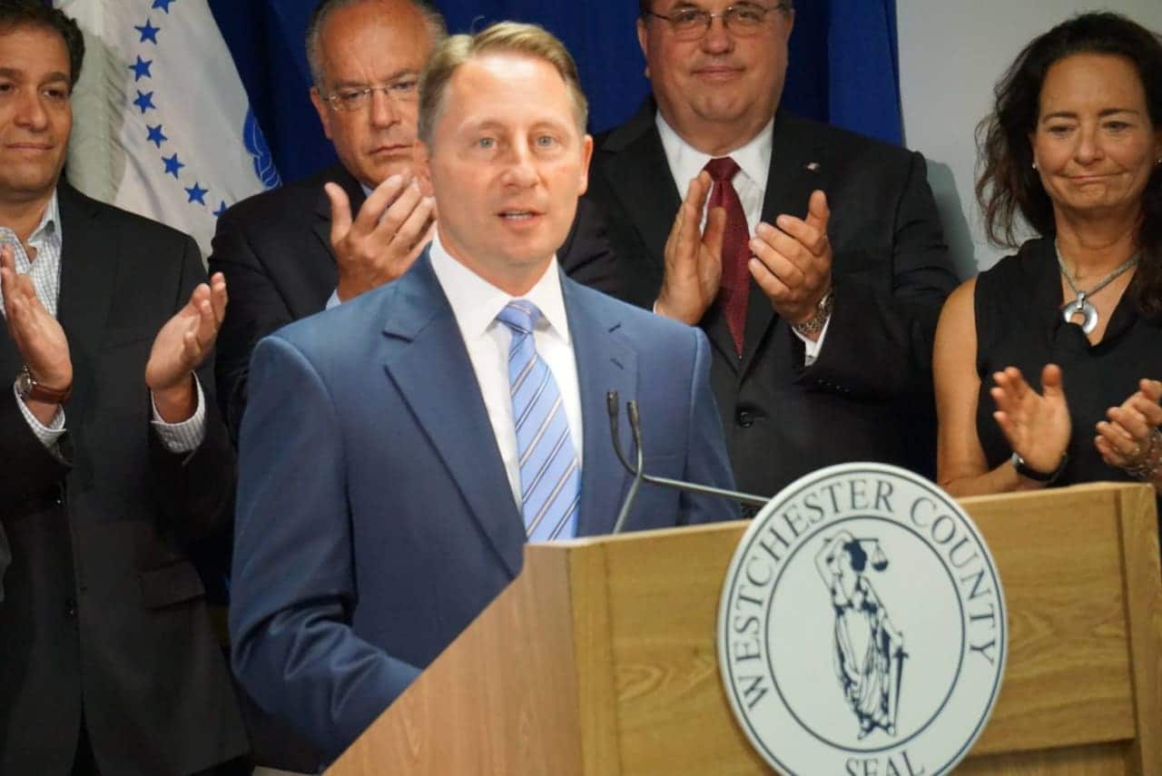 County Executive Rob Astorino with from left, Rye Brook Mayor Paul Rosenberg, Eastchester Town Supervisor Anthony Colavita, North Salem Town Supervisor Warren Lucas and Mamaroneck Town Supervisor Nancy Seligson.