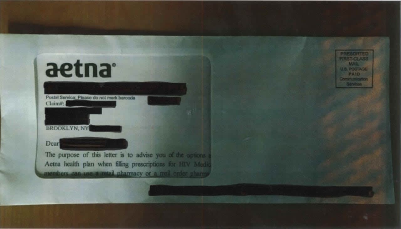 A sealed Aetna envelope received by a customer in Brooklyn, New York, exposing their personal information and HIV status.