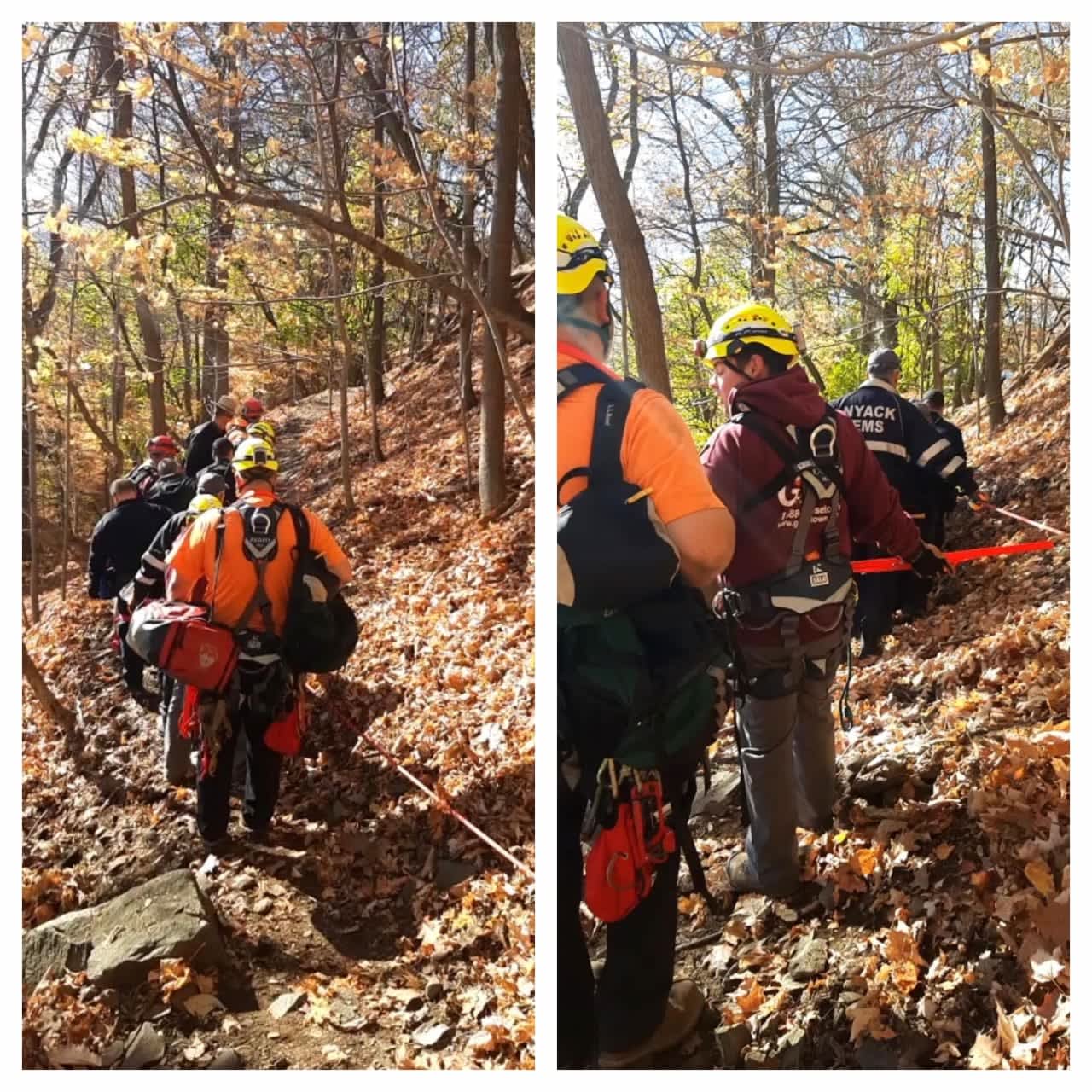 The rescuers at work saved a missing man after he fell in a steep, heavily wooded area.
