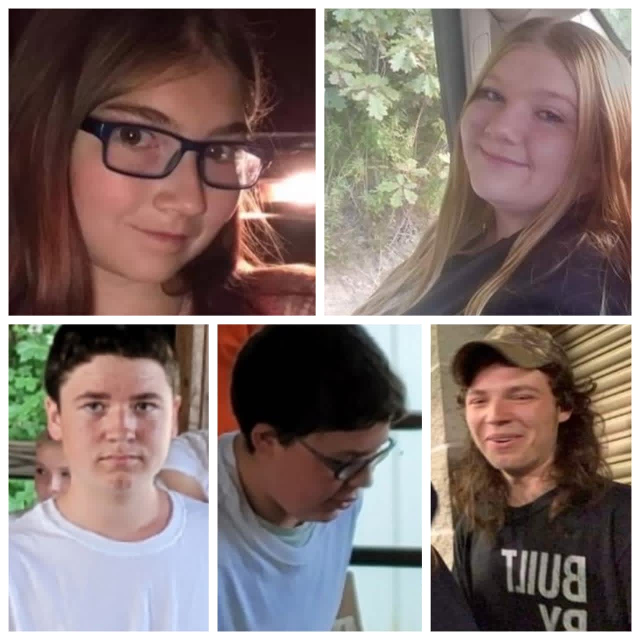 Mikalah Roulo (top left), Krysta Kane (top right),  and Tristan (bottom left), Evan (center), and Raymond Erway (bottom right).