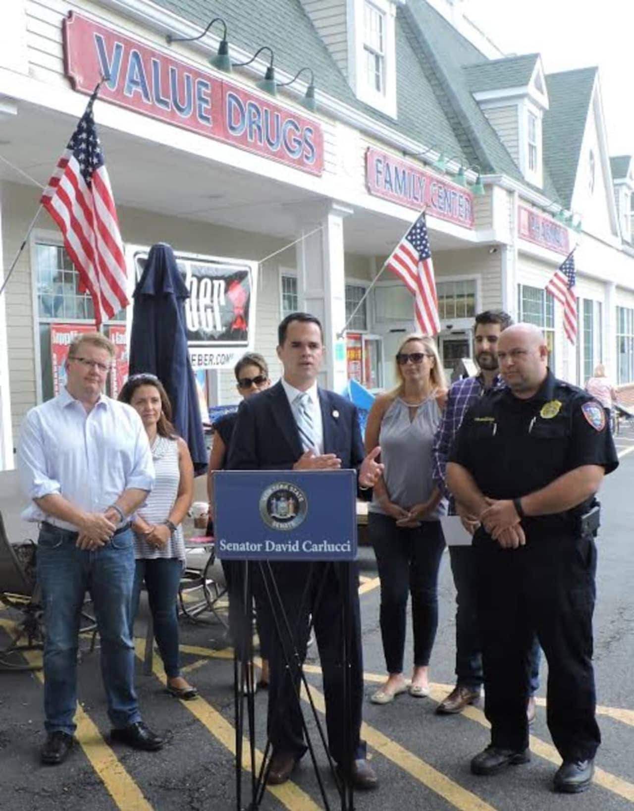 Sen. David Carlucci, D-Westchester/Rockland, announces in Briarcliff Manor Friday that he has introduced legislation aimed at curbing "gouging" for life-saving devices such as the EpiPen.