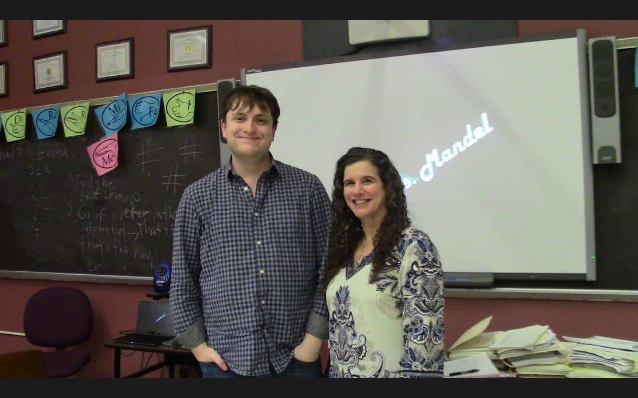 Briarcliff High School graduate Sam Chalsen, left, with drama teacher Jamie Mandel.