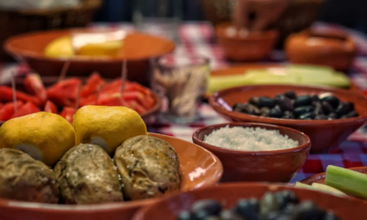Plates of Greek food.