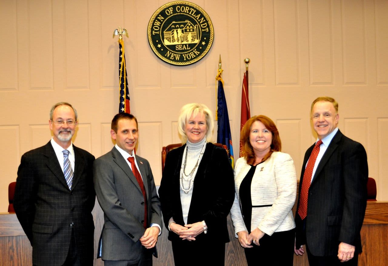 The Cortlandt Town Board and its members have been named in a civil rights suit bought by a proposed luxury rehabilitation center. They are (l-r), Francis X. Farrell, Seth Freach, Supervisor Linda D. Puglisi, Debra Costello, and Richard Becker.