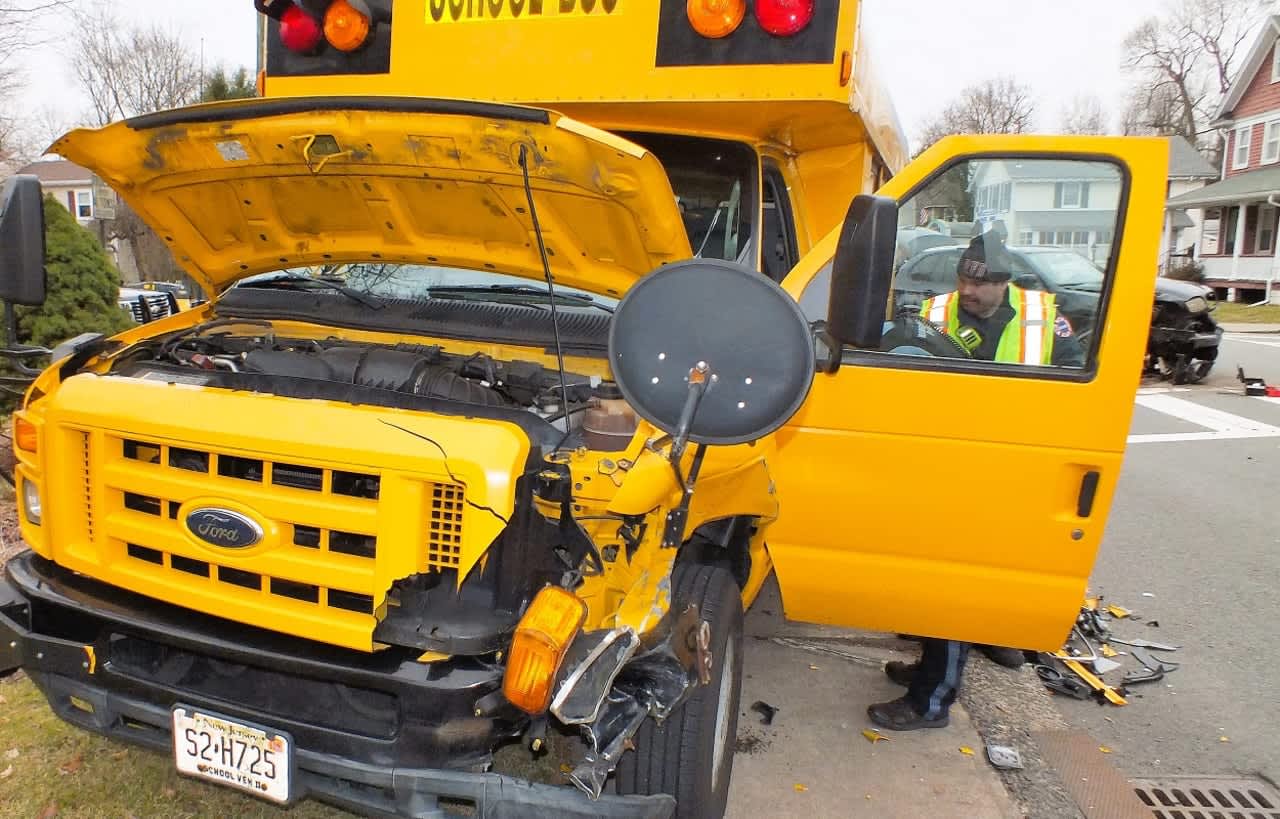 The school bus was en route from Midland Park to Paramus when it collided with a BMW SUV and ended up on the sidewalk at the corner of Northern Parkway and East Glen Avenue around 11:40 a.m. Wednesday, Jan. 25.