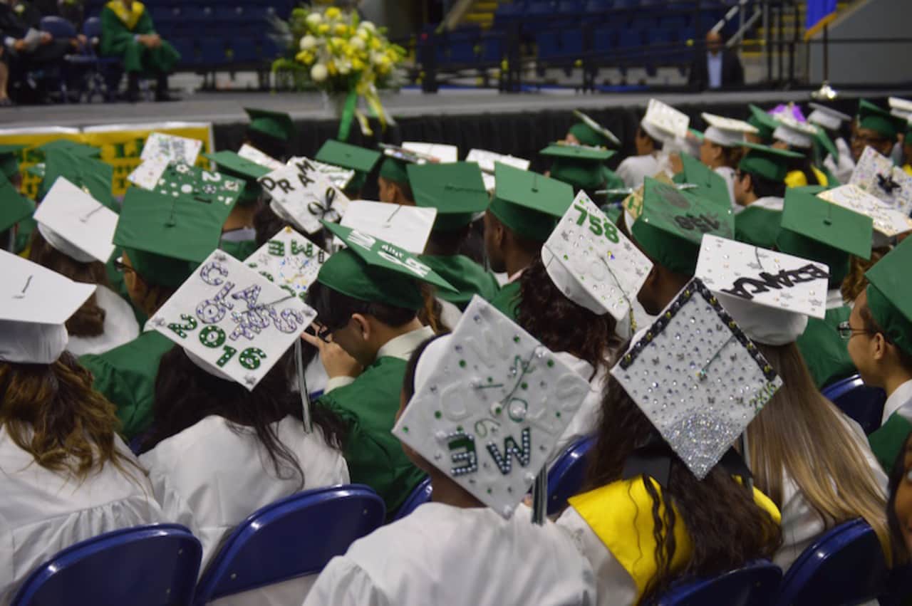 A sea of decorated mortarboards from the Class of 2016 at Bassick High School.