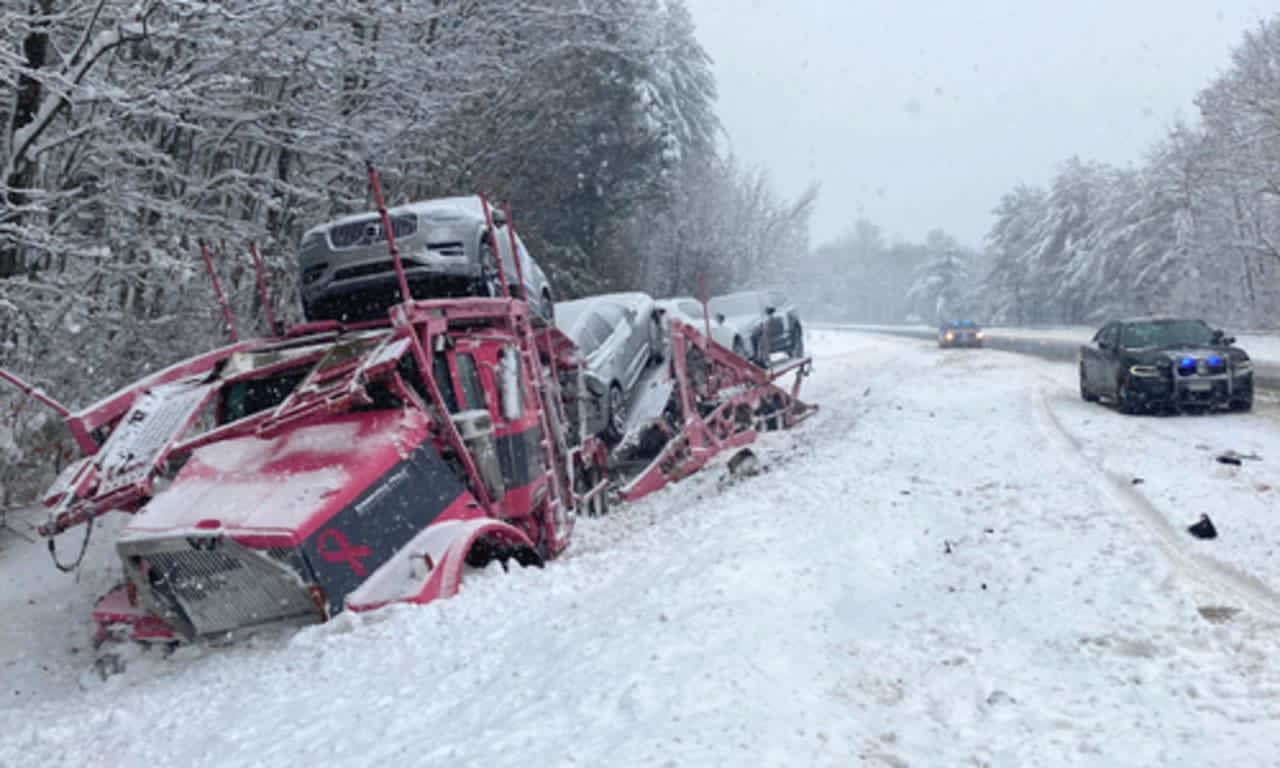A car carrier driven by a man from Stamford, CT, crashed on the side of I-89 South in Warner, NH on Monday, Jan. 23