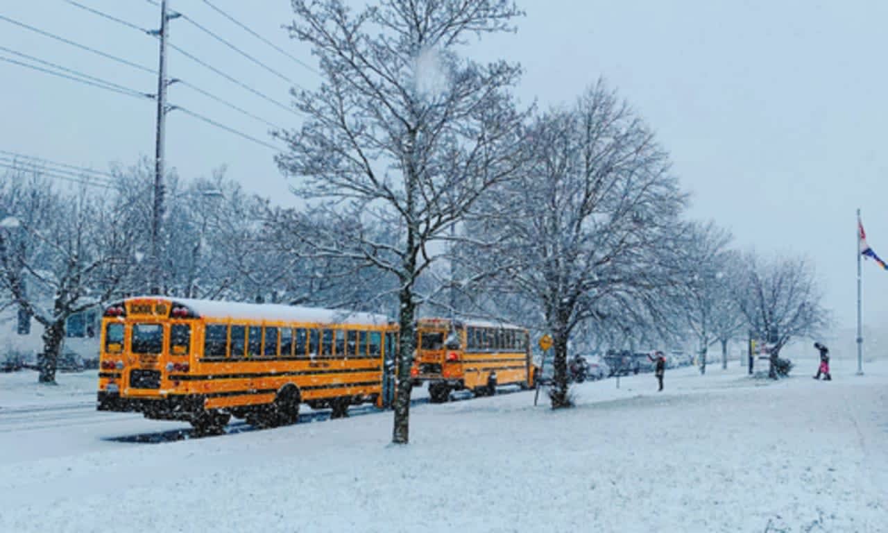 School buses in the snow.