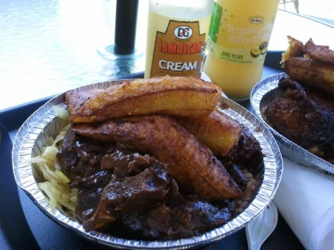 Oxtail, rice, beans and plantains