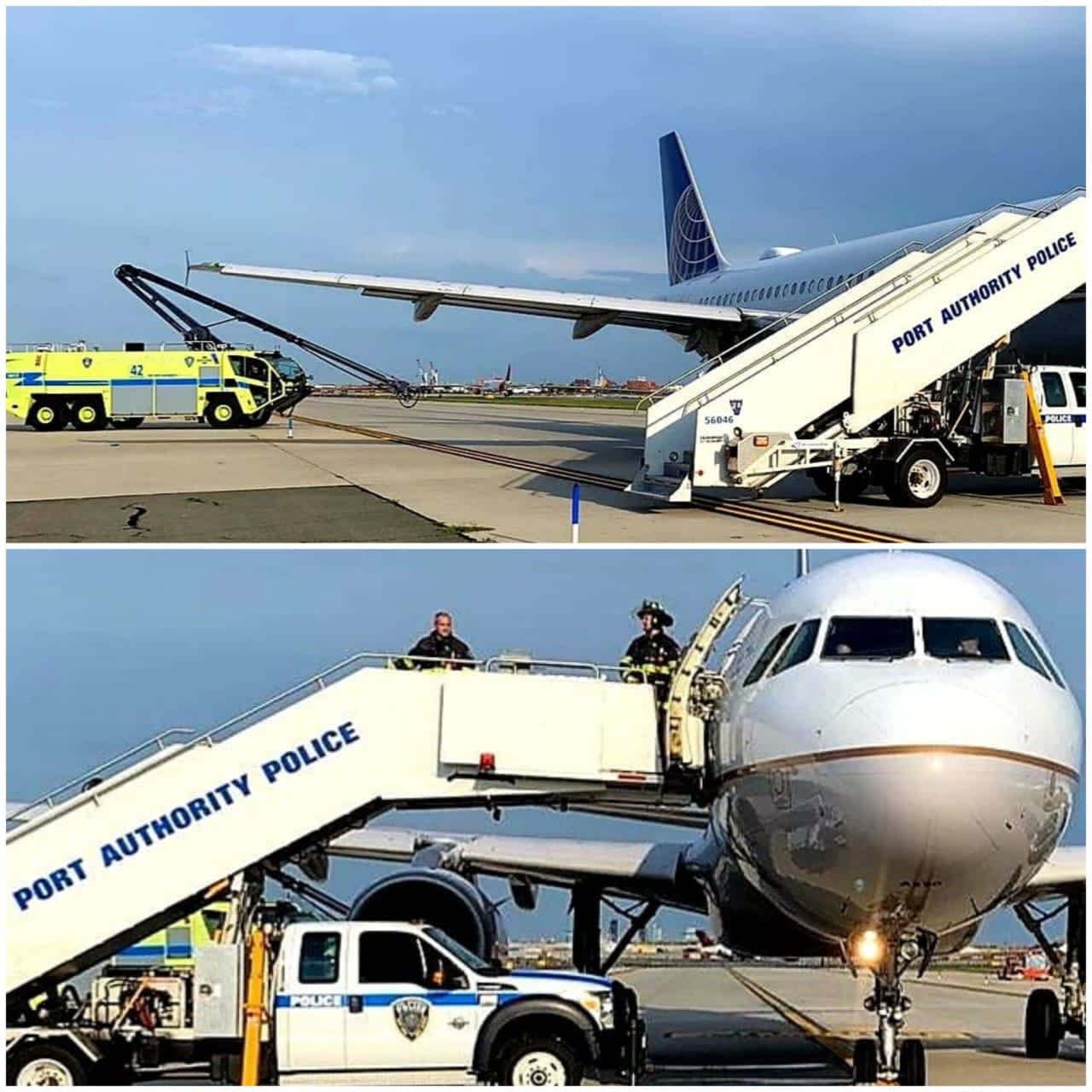 Port Authority police help passengers off a plane after it began leaking fuel during takeoff Monday at Newark airport.