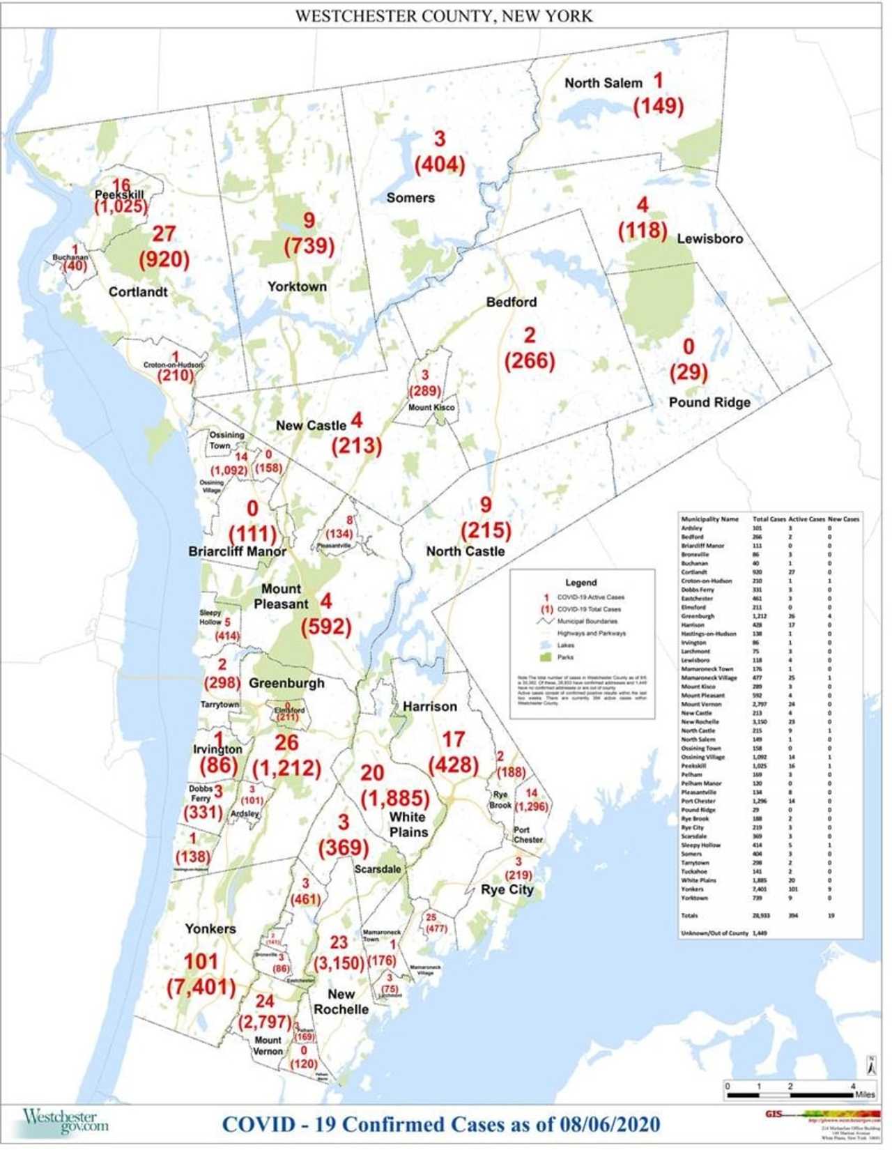 The COVID-19 map in Westchester as of Thursday, Aug. 6.