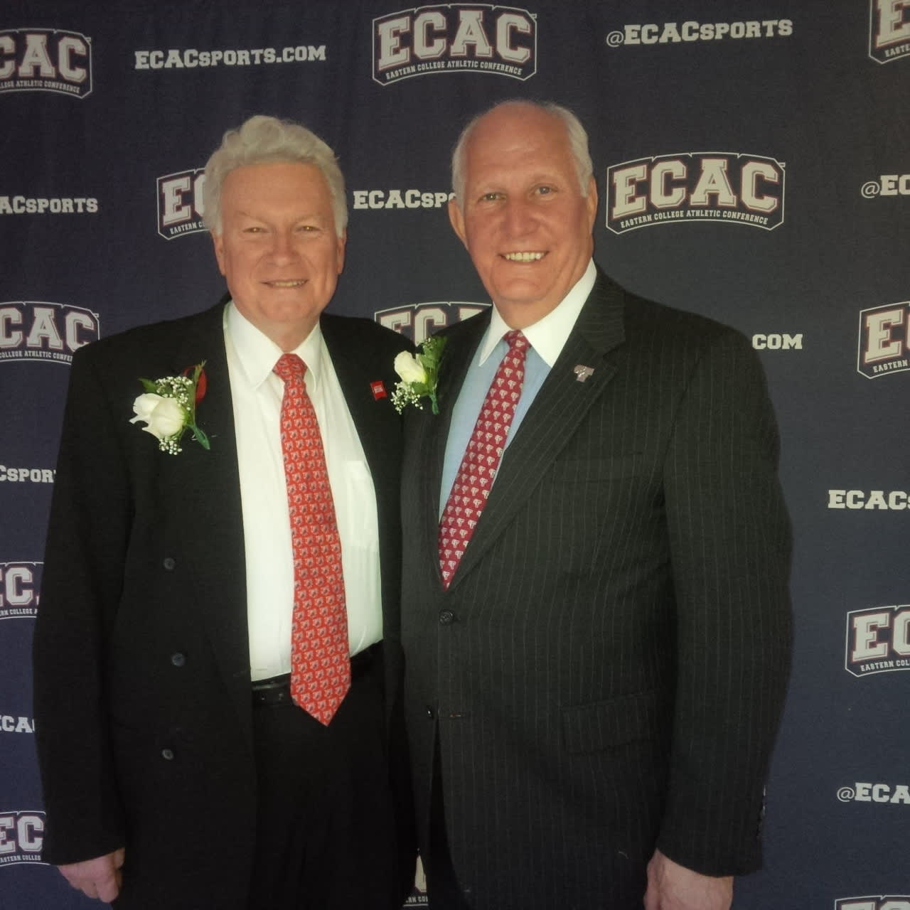 Fairfield University Athletic Director Gene Doris, left, former head basketball coach at Archbishop Stepinac High School in White Plains, and longtime Briarcliff Manor resident Frank McLaughlin, athletic director emeritus at Fordham University.