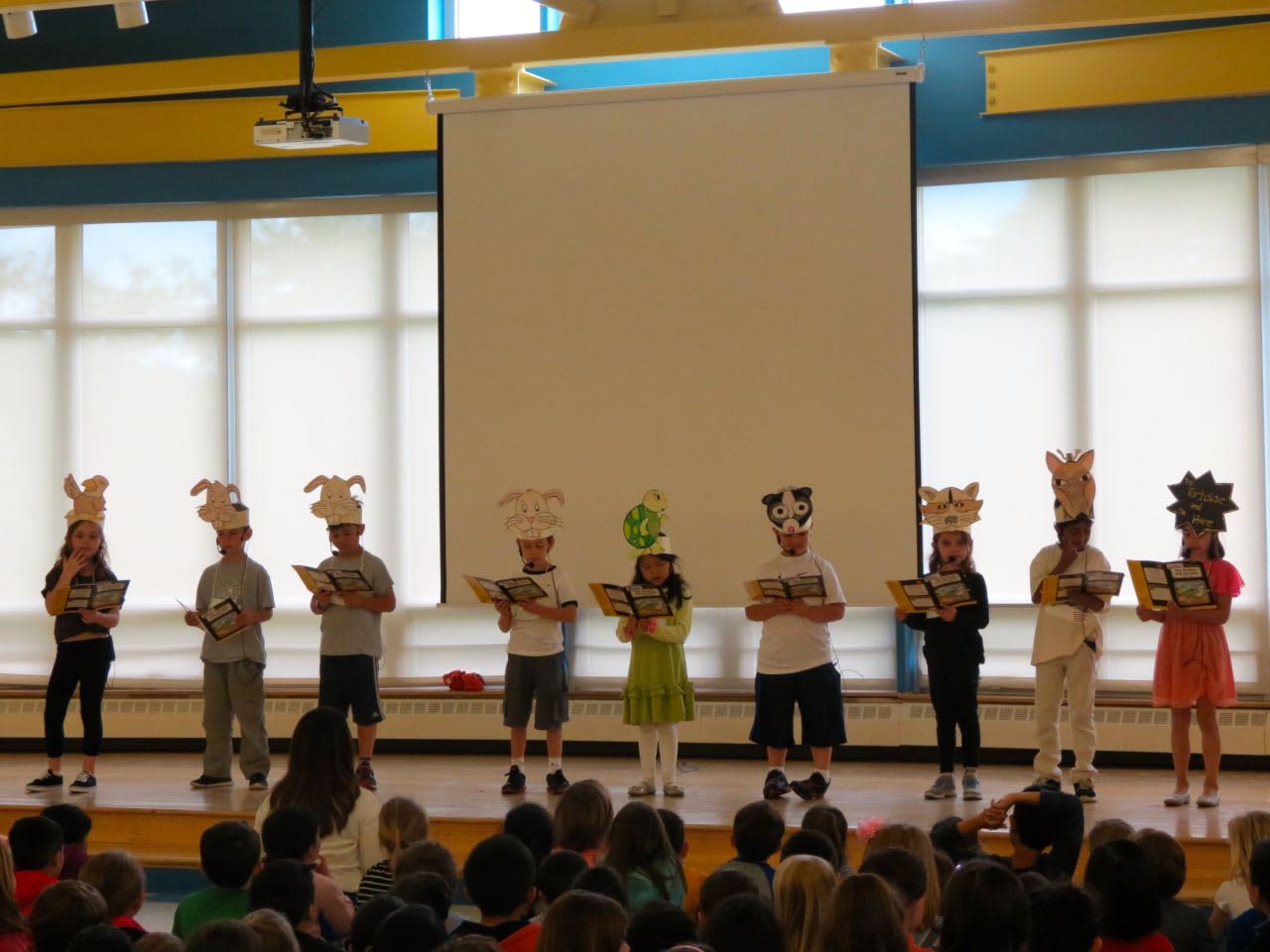 First-grade students at Todd Elementary School in Briarcliff Manor acted out “The Tortoise and the Hare” during a special assembly recognizing the school as a Habits of Mind International School of Excellence.