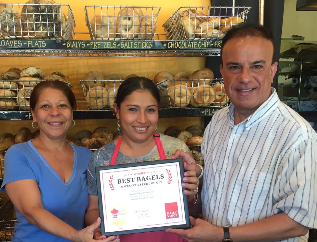 Left to right: Maria Marquez and Ada Ortega of Mount Kisco Bagel with Joe Lombardi, Daily Voice's Director of Media Initiatives/Managing Editor.