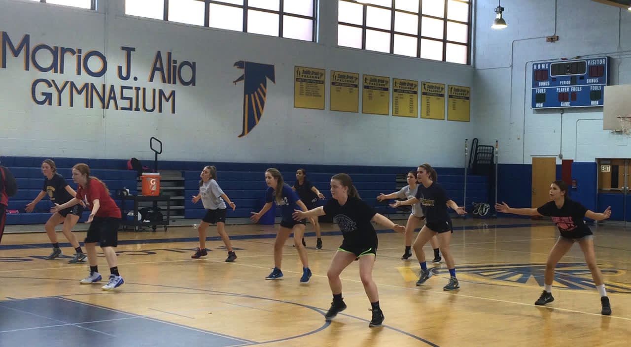 The Saddle Brook girls basketball team practices at the high school Monday, Jan. 25.