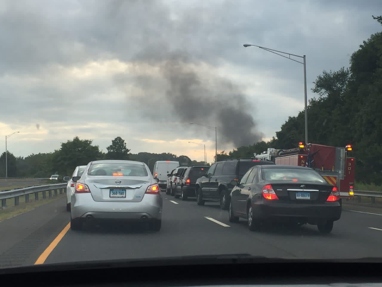 Traffic was slowed after a vehicle fire on Route 8 southbound near Exit 7 in Trumbull.