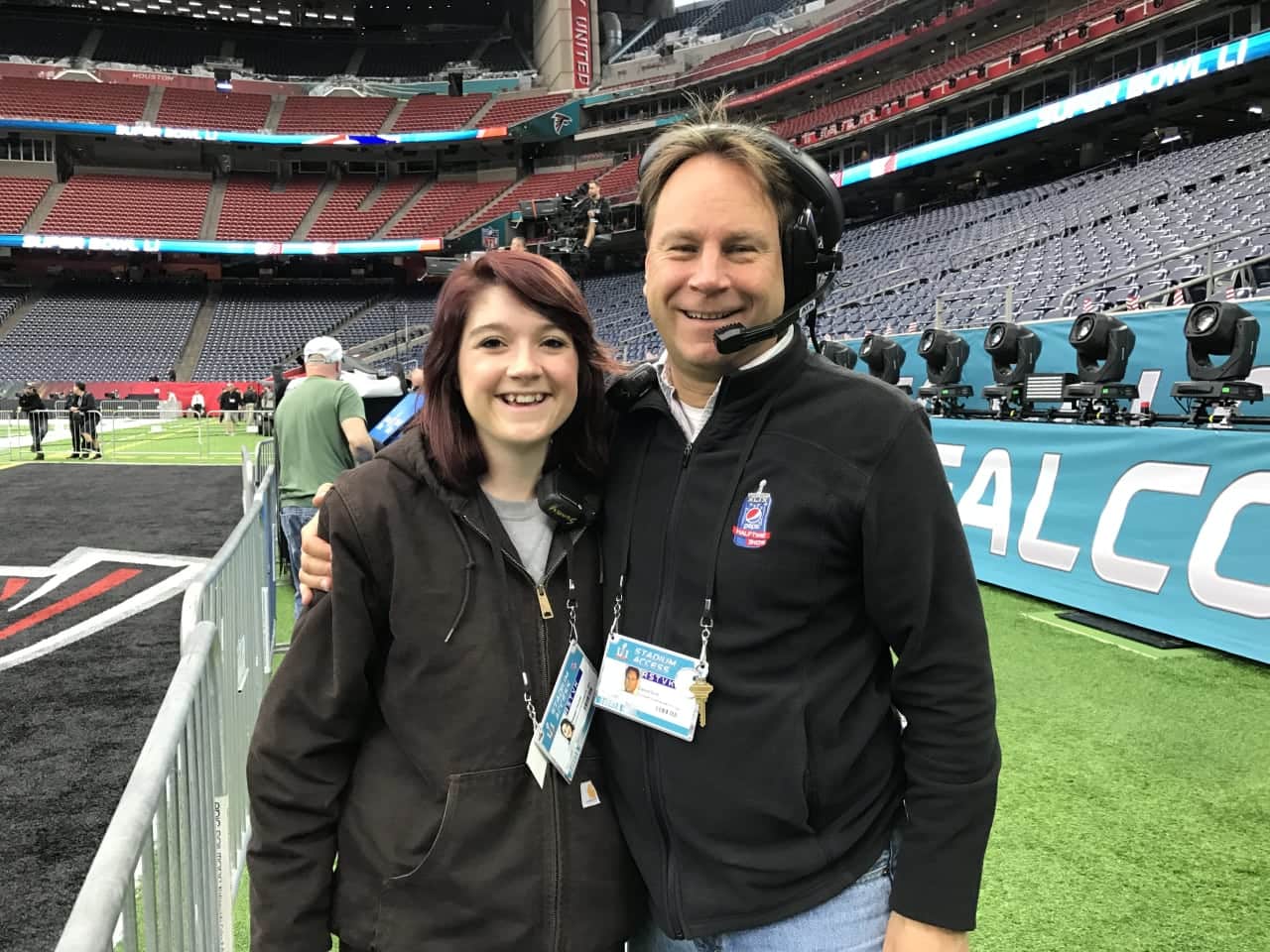 Design Tech student Megan Seibel, left, with Purchase College Professor Dave Grill at the Super Bowl.