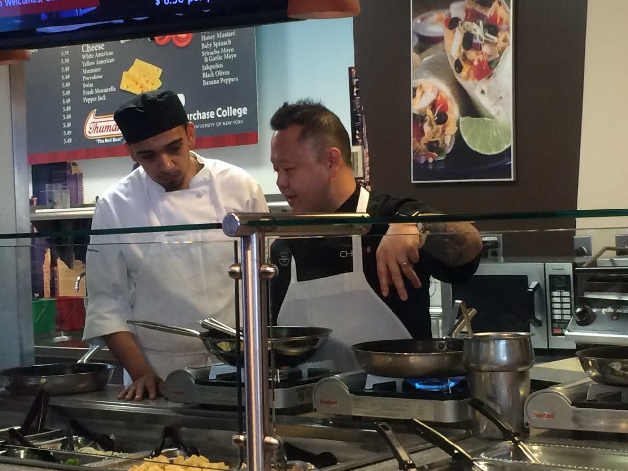 Celebrity Chef Jet Tila, right, with assistant at Purchase College.