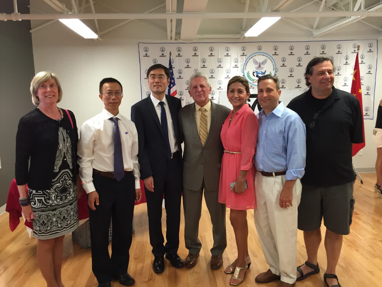 Norwalk Mayor Harry Rilling, state Sens. Bob Duff and William Tong along with local officials welcome the Chinese Olympic Swim Team to Norwalk on Friday.