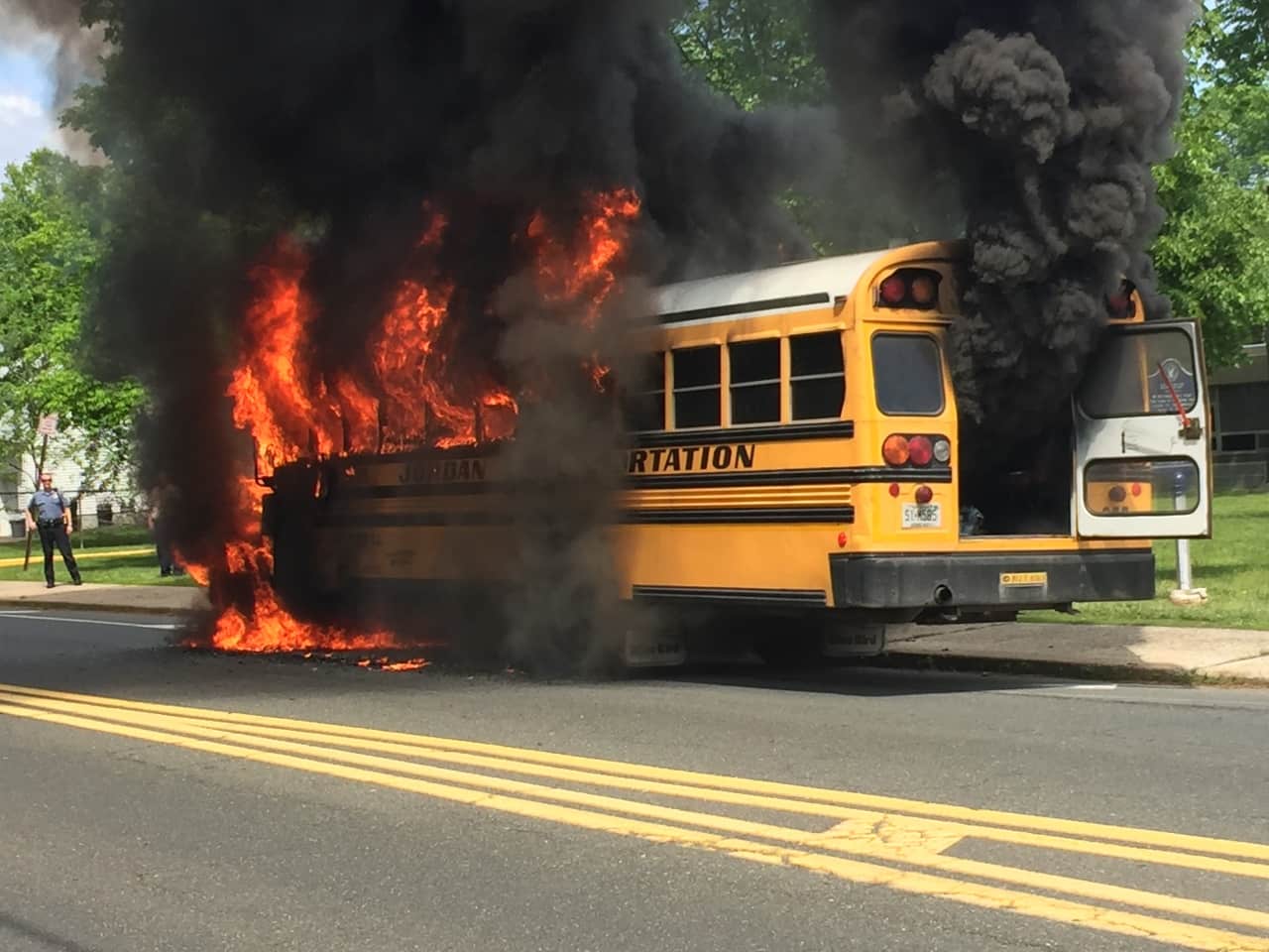 A school bus caught fire Monday afternoon near a Paramus middle school.