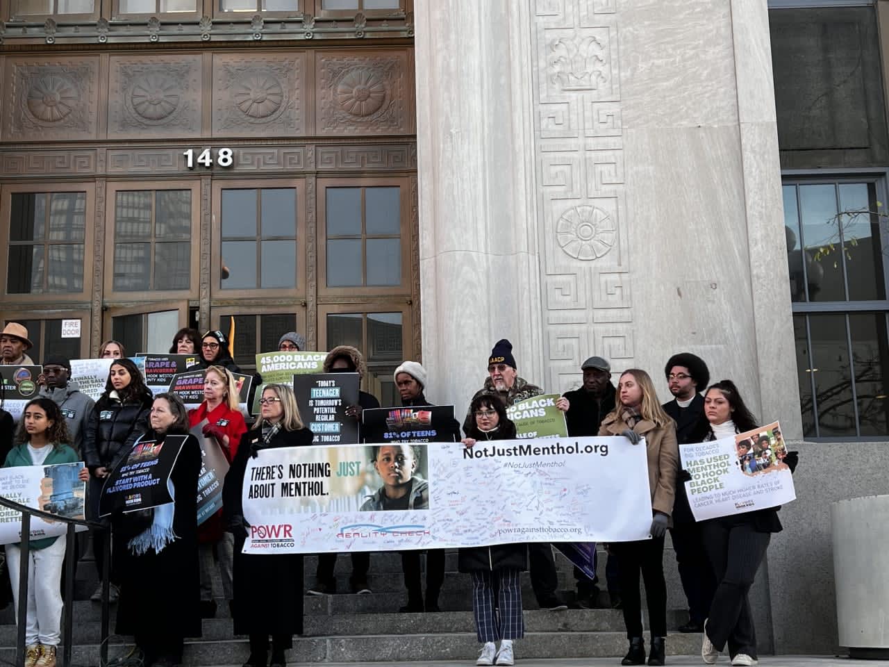 Advocates for the ban on the sale of flavored tobacco in Westchester County hold a rally on Monday, Nov. 14 in White Plains at the Michaelian Office Building.