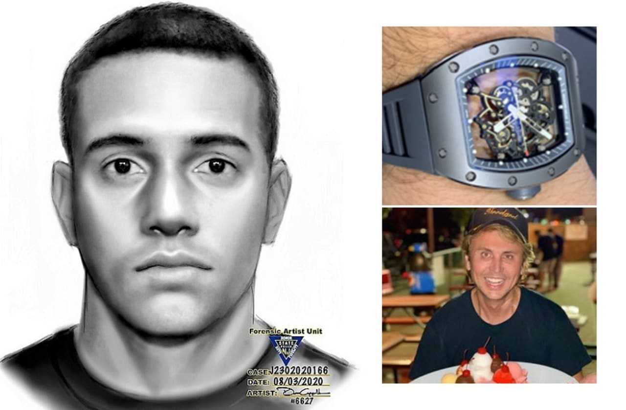 CLOCKWISE: NJSP sketch of the robber / the stolen watch / "Foodgod"